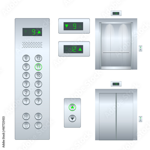 Isolated flat illustration Open and closed chrome metal office building elevator doors realistic hall interior and button panel. Flat Elevator design set