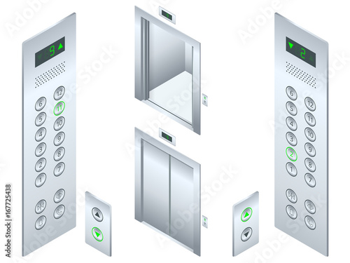 Isolated flat illustration Open and closed chrome metal office building elevator doors realistic hall interior and button panel. Isometric Elevator design set