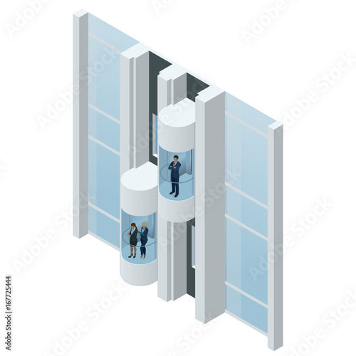 Glass futuristic cylindrical shape elevator or lift in the business center. Modern personal transportation. Isometric vector realistic illustration