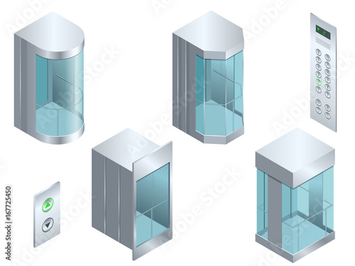 Isometric vector Glass futuristic cylindrical shape elevator or lift isometric interior with contemporary style lift hall.