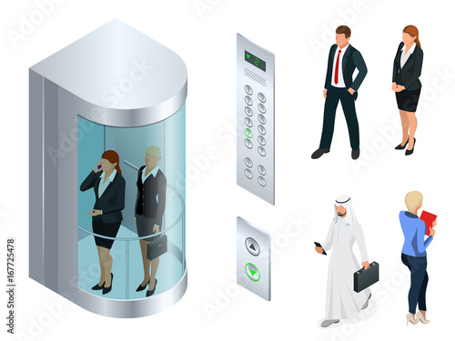 Isometric vector design of the elevator with people inside and button panel. Realistic empty elevator hall interior with close metallic lift doors
