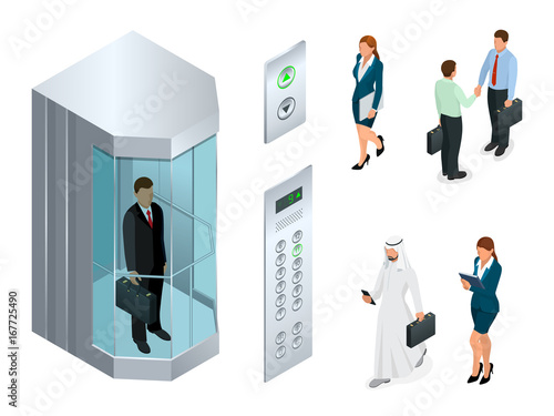 Isometric vector design of the elevator with people inside and button panel. Realistic empty elevator hall interior with close metallic lift doors