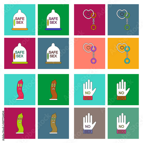 flat icon design collection safe sex condom with handcuffs and heart and sex key