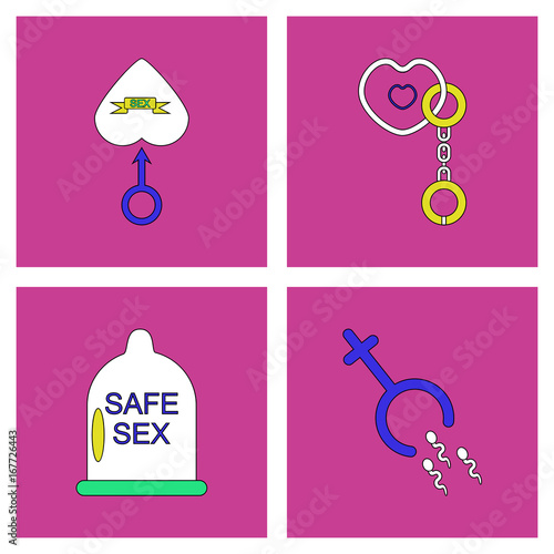 Set in flet of sex icons in thin line drowings. Condom hand photo