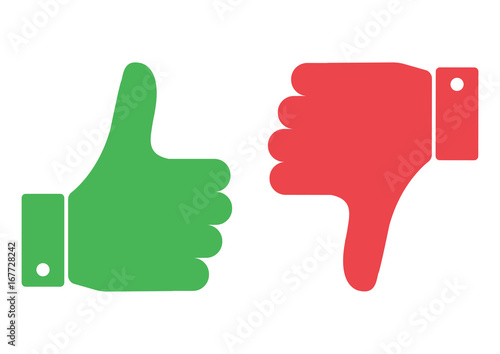 Thumb up and down red and green. I like and dislike. Vector illustration.