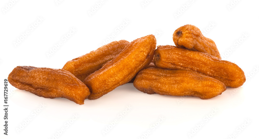 dried bananas (honey baked bananas) on white background, Thai preserved food. dried bananas (honey baked bananas) on white background, Thai preserved food.