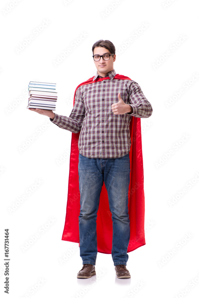 Super hero student with books isolated on white Super hero student with books isolated on white