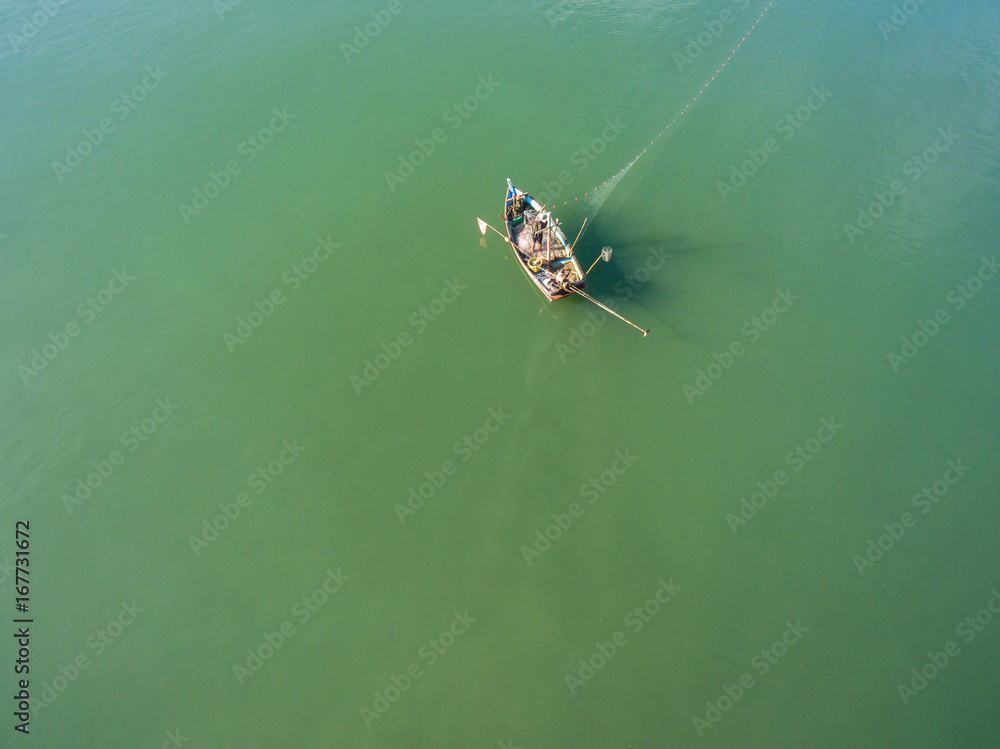Top view of fishing boats in the sea, Fishing boat floating in the sea