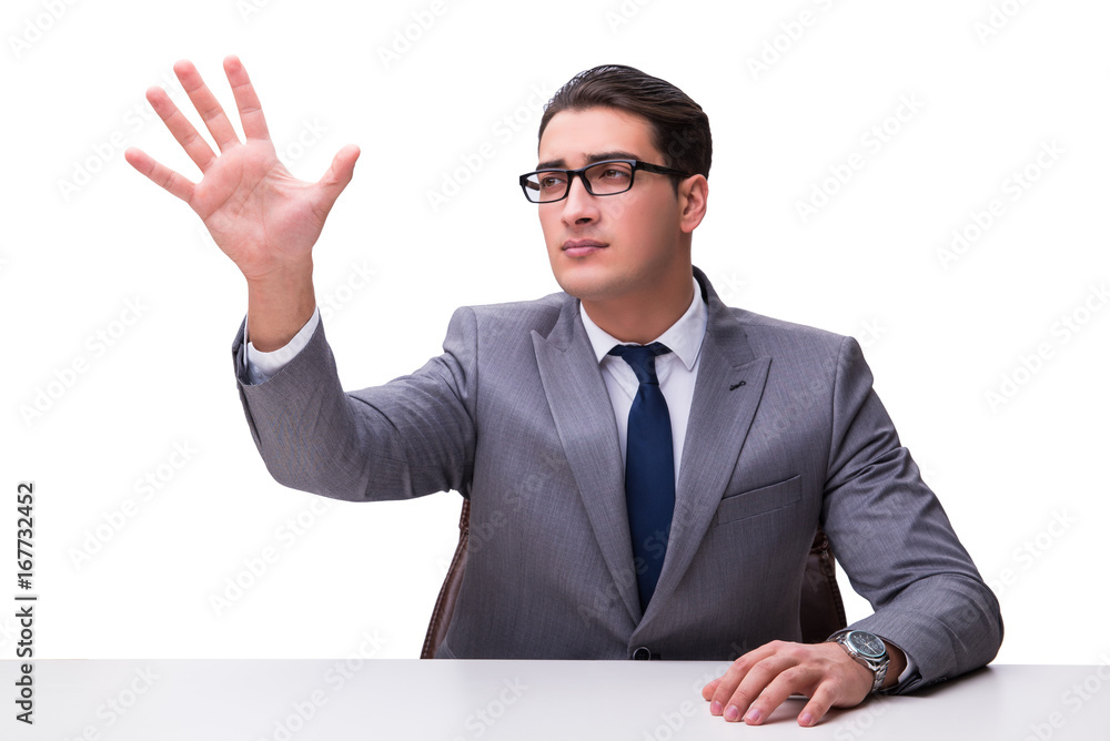 Young businessman pressing virtual buttons isolated on white bac Young businessman pressing virtual buttons isolated on white bac