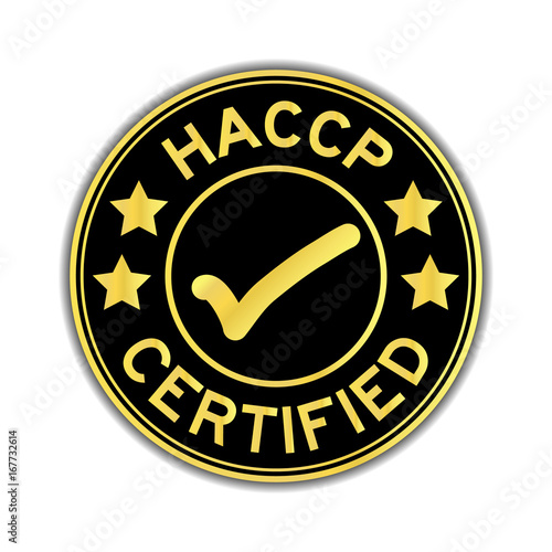 Black and gold color of HACCP (Hazard analysis and critical control points) certified round sticker on white background