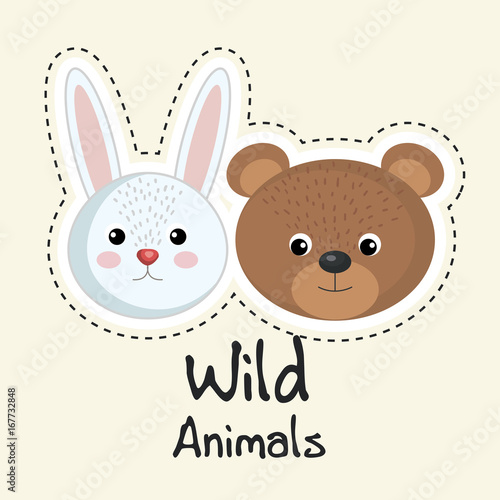 cute wild animals sticker leaves fall over light background vector illustration