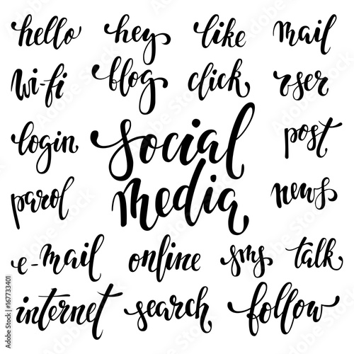 big set of handwritten words symbolizing social media and Internet activities. Beautiful font written in black brush isolated on white background