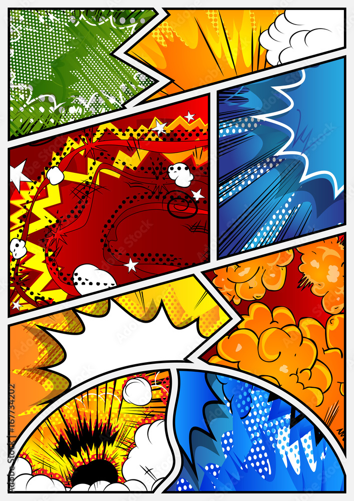 Fototapeta premium Vector pop-art style comic book page template with explosions, halftone effects and rays.