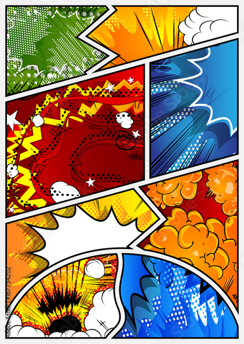 Vector pop-art style comic book page template with explosions, halftone effects and rays.