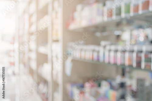 Pharmacy blur background with medicine on shelves