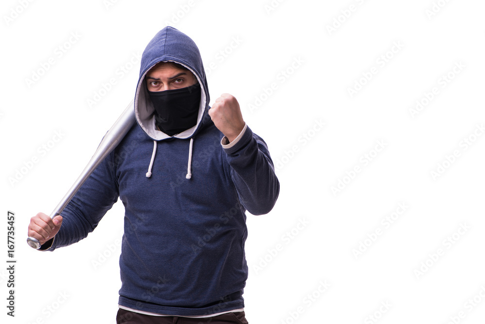Young man hooligan with baseball bat isolated on white Young man hooligan with baseball bat isolated on white