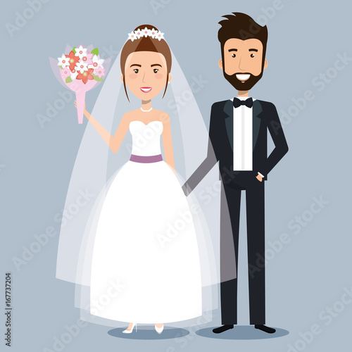 beautiful young bride and groom couple holding hands on wedding day vector illustration