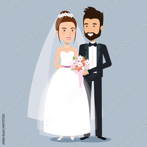 beautiful young bride and groom couple holding hands on wedding day vector illustration