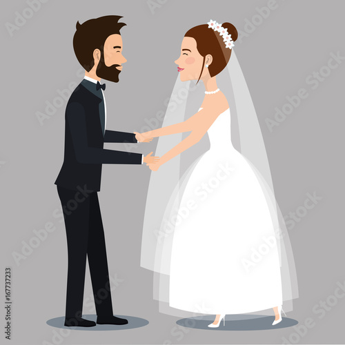 character bride and groom newlyweds holding hands vector illustration