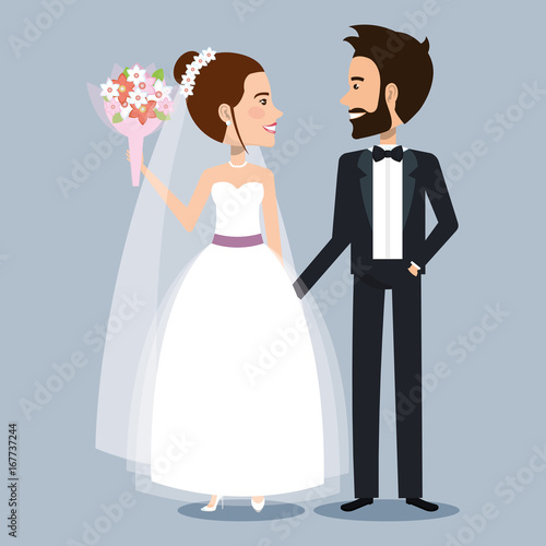 beautiful young bride and groom couple holding hands on wedding day vector illustration