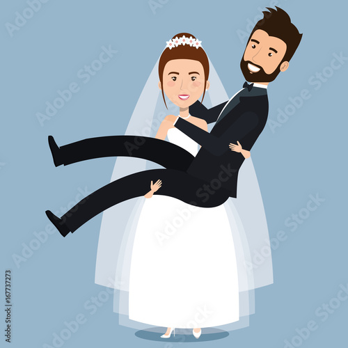 just married couple bride carries groom in the arms wedding vector illustration
