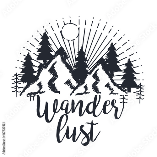 wanderlust hand drawn mountain adventure label nature vector illustration photo