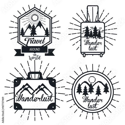 journey label set travel explore adventure symbol lettering vector illustration