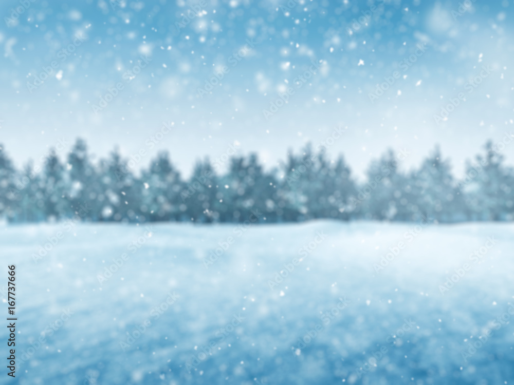 Winter background with snow and trees, blur landscape