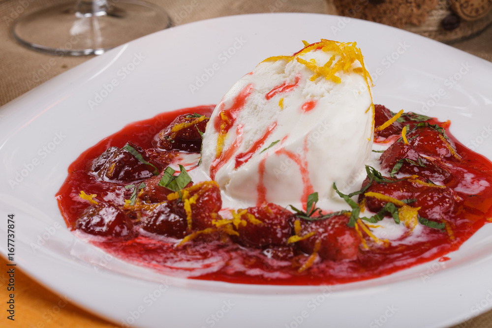 Ice cream in strawberry jam. Ice cream in strawberry jam.