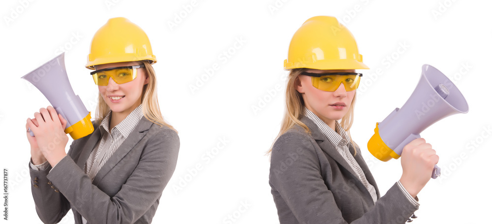 Female engineer in helmet with loudspeaker isolated on white Female engineer in helmet with loudspeaker isolated on white