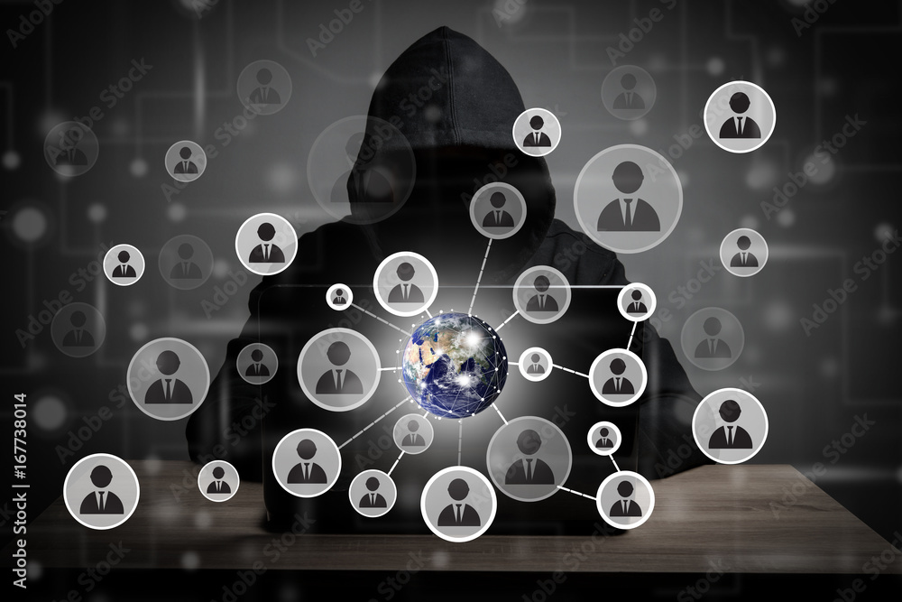 Image of hacker man with people icon and code around on screen. Image of hacker man with people icon and code around on screen.
