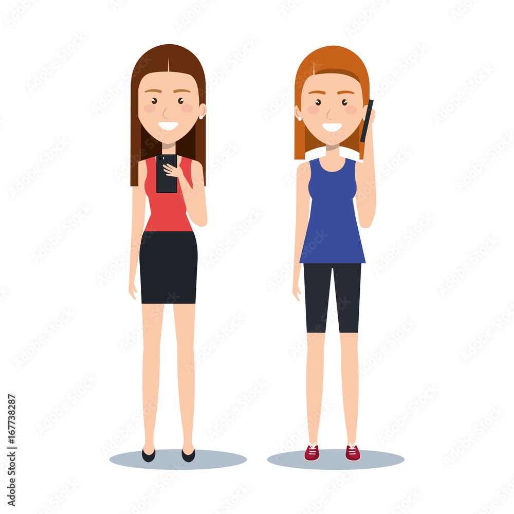 cute girls standing using their smartphones smiling happy vector illustration cute girls standing using their smartphones smiling happy vector illustration
