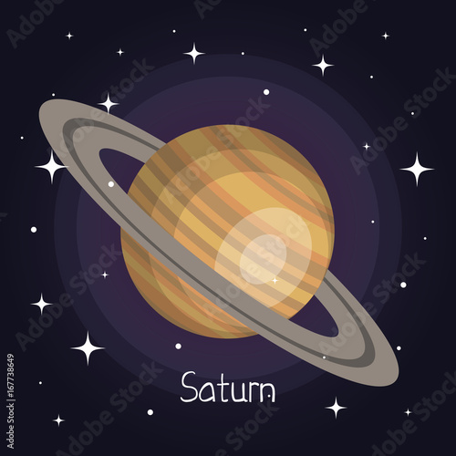 saturn planet in space with stars shiny cartoon style vector illustration