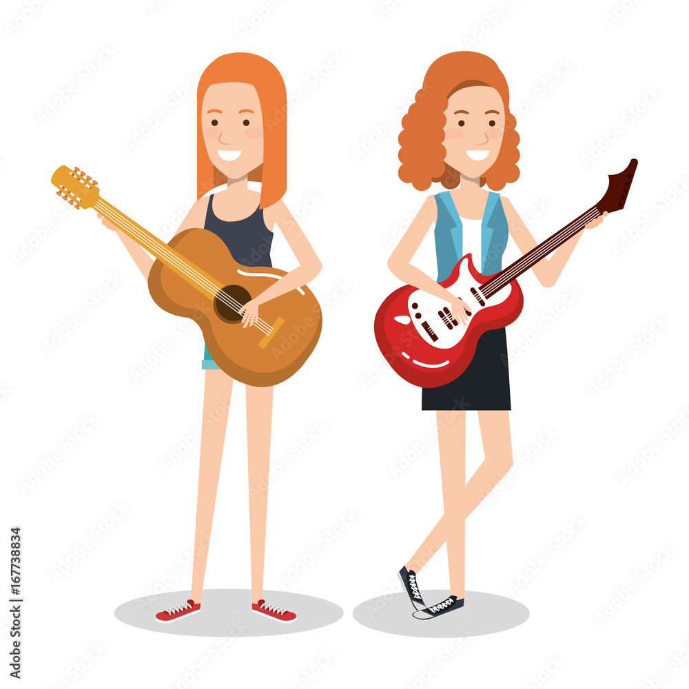girls playing musical instruments together vector illustration girls playing musical instruments together vector illustration