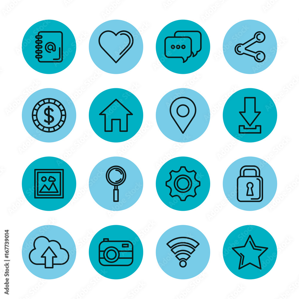 blue icons set social media network application connected vector illustration