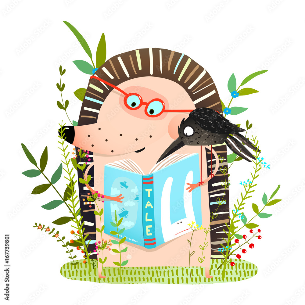 Fototapeta premium Hedgehog and Crow Friends Reading Book