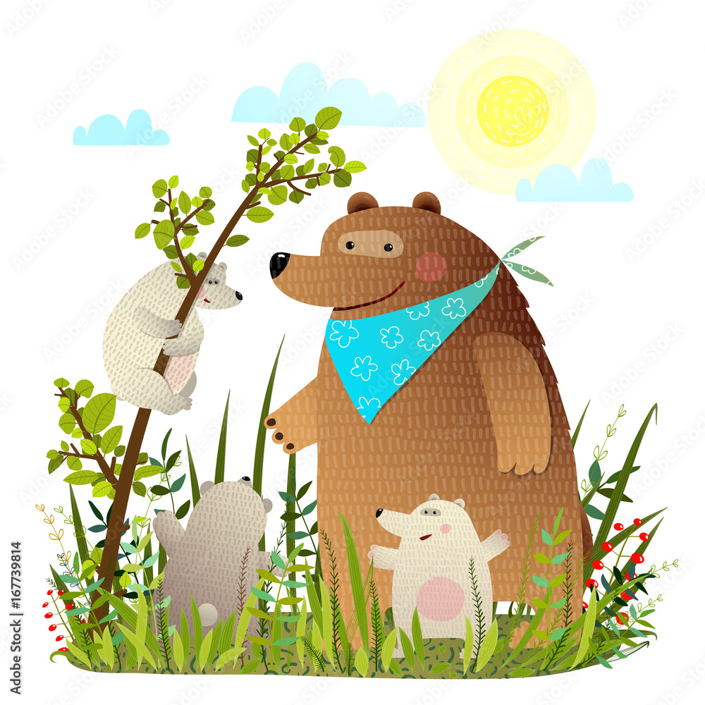 Fototapeta premium Mother Bear with Cubs in Wild Forest