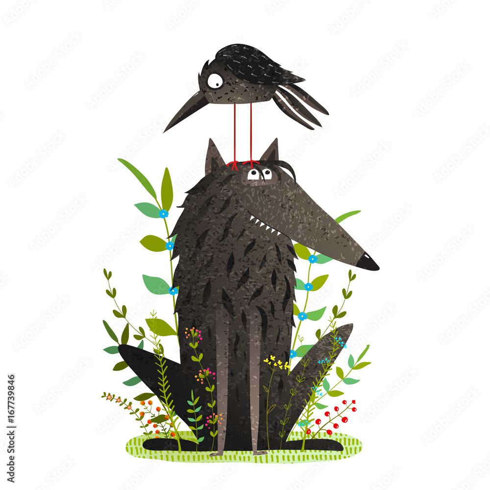 Fototapeta premium Straszny Wilk i Śmieszna Wrona w lesie