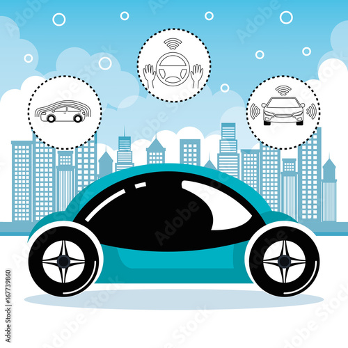 autonomous cars and wireless communication system, Internet of Things, smart city, smart transportation, futuristic automotive society, vector illustration