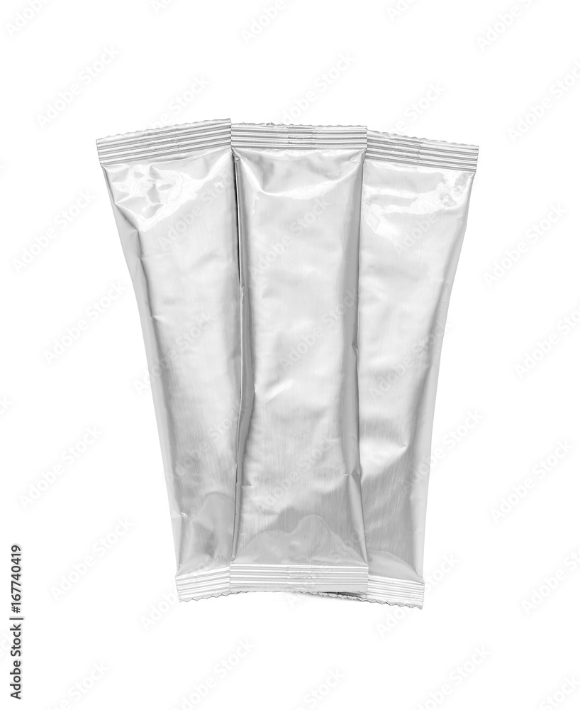 blank packaging aluminum foil coffee stick pouch isolated on white background