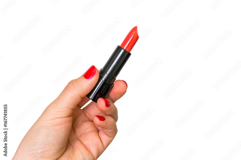 Female hand with red lipstick isolated on white Female hand with red lipstick isolated on white