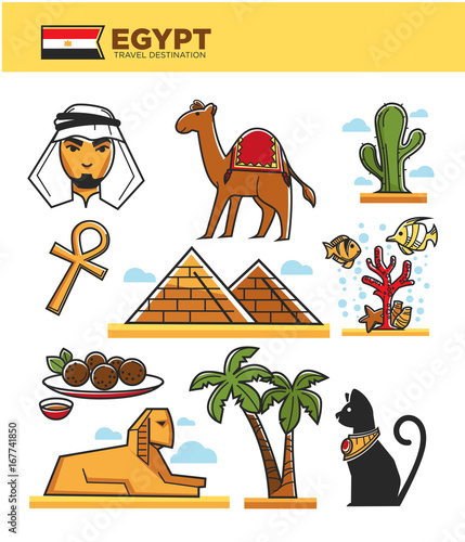 Egypt travel tourism landmarks and culture tourist attractions or symbols vector icons