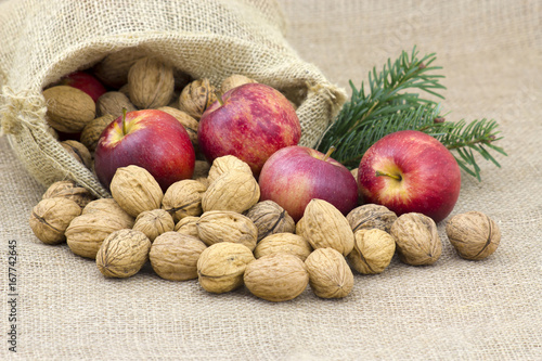 Burlap sack full of whole walnuts and apples
