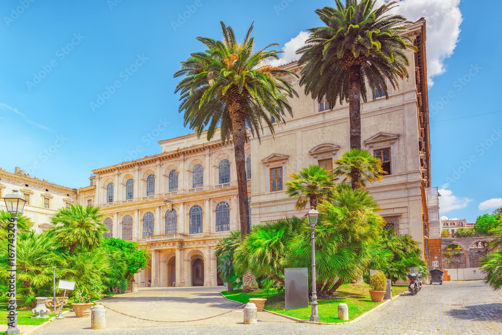 Barberini Palace (Palazzo Barberini ) .Palazzo Barberini  is a 17th-century palace in Rome, facing the Piazza Barberini in Rione Trevi. It houses the Galleria Nazionale d'Arte Antica.