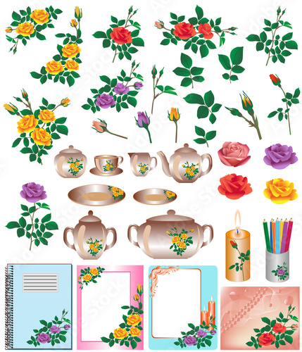 Collection of color images of roses. Vector illustration.