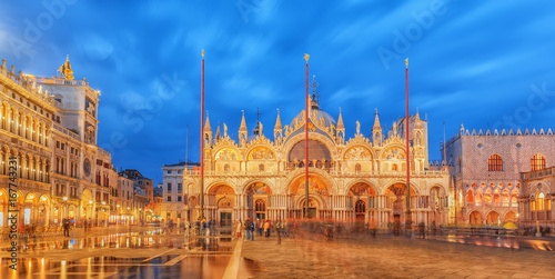 Square of the Holy Mark (Piazza San Marco) and St. Mark's Cathedral (Basilica di San Marco) at the night time. Venice, Italy.
