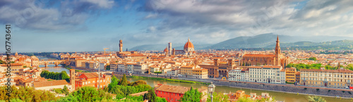 Beautiful landscape above, panorama on historical view of the Florence from Piazzale Michelangelo point. Morning time.