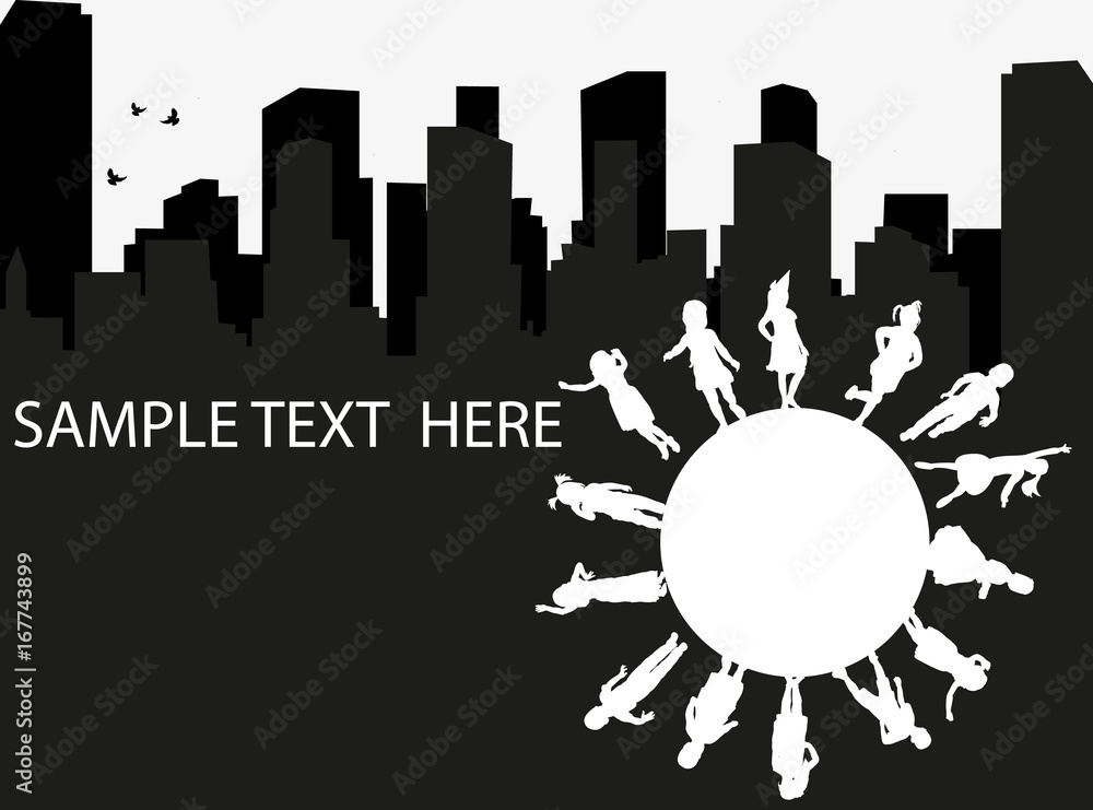 silhouette of children playing on city background, sample text