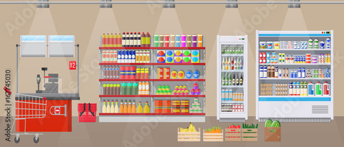 Supermarket store interior with goods.