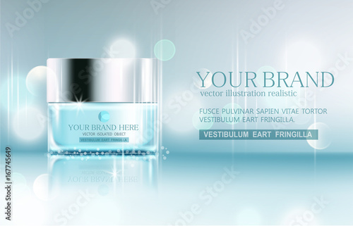 Vector glass jar on bokeh background. Element for modern design, advertising for sales, template cosmetic face cream, body. Realistic 3d illustration.